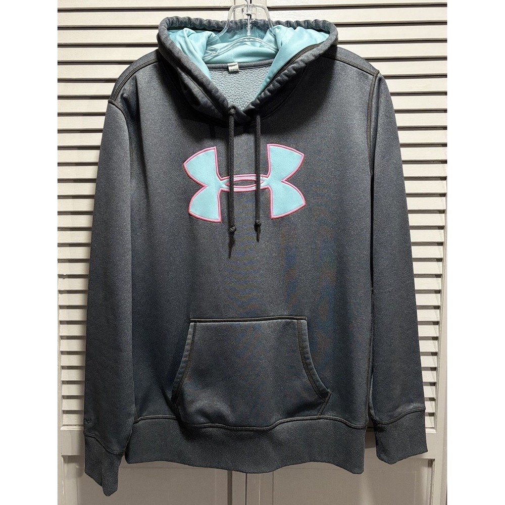 Under Armour Hoodie Sweatshirt Size L Long Sleeve Logo Graphic Gray/Teal Pocket‎